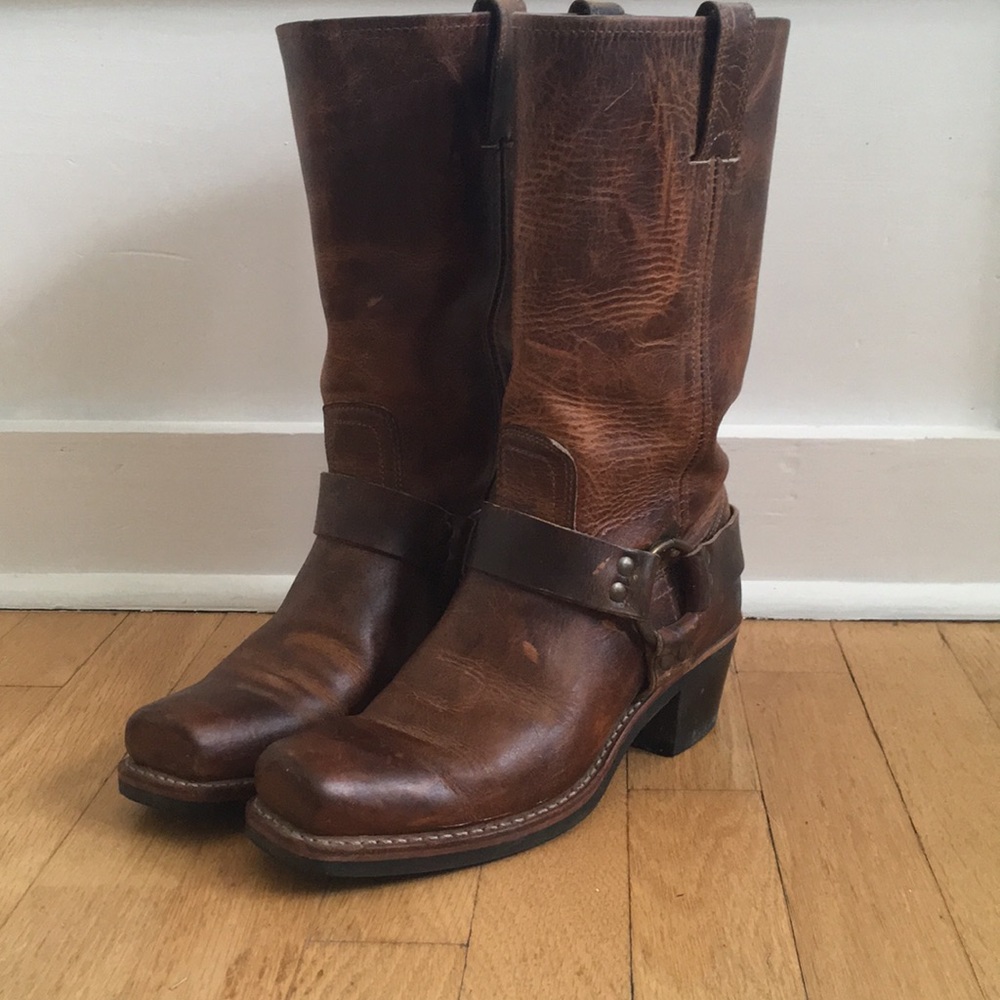 Frye cowboy harness boots.